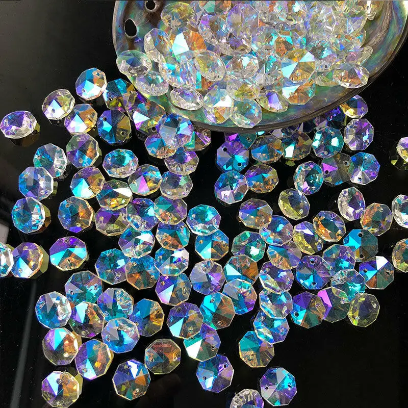 20PC AB Aurora Octagonal Bead Crystal Chandelier Faceted Prism Suncatcher Lighting Ornaments Parts Curtain Pendant Home Decor