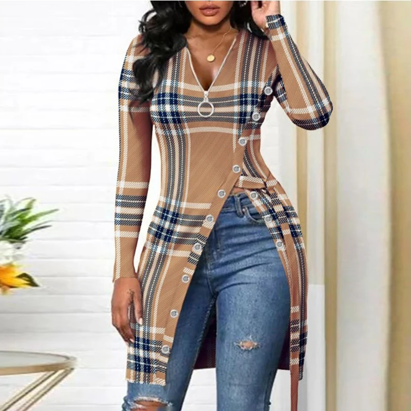 Women Shirts Vintage Print Ladies T Shirt Long Sleeve V Neck Zipper Long Shirt Women Elegant Office Tops Casual Loose Blusas