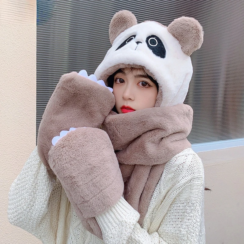 New Cute Panda Plush Hat Female Winter Outdoor One-piece Hat Middle School Student Warm Hat Scarf Gloves Bonnets for Women