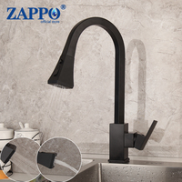 ZAPPO New Matte Black Kitchen Basin Sink Faucet Square Shape Vessel Sink Mixer Pull Out Spout  Hot and Cold Water Taps Faucets