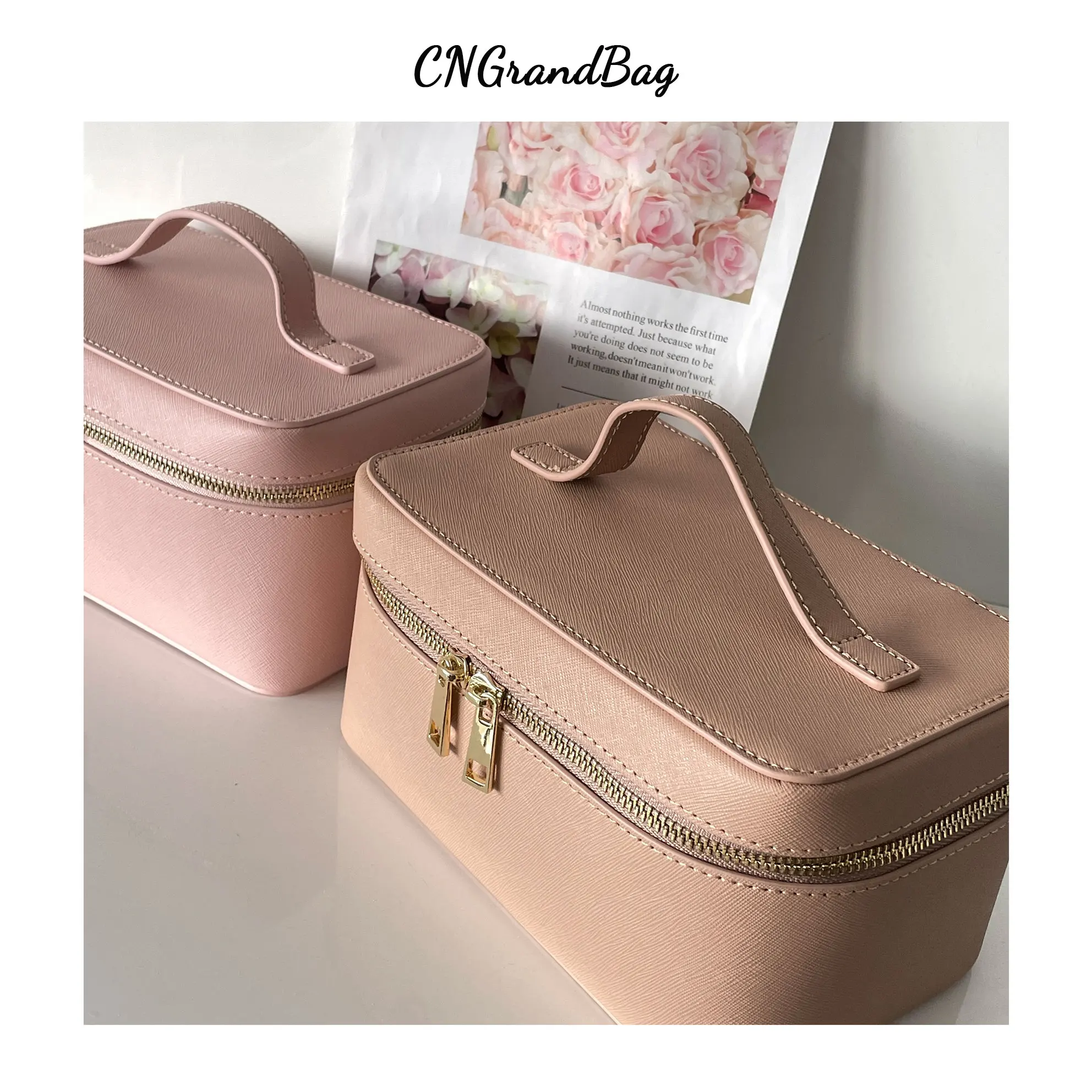 Ladies Saffiano Split Leather Travel Toiletry Case Bag Portable Hanging Makeup Organizer Box Dopp Kit Cosmetic Bag For Women