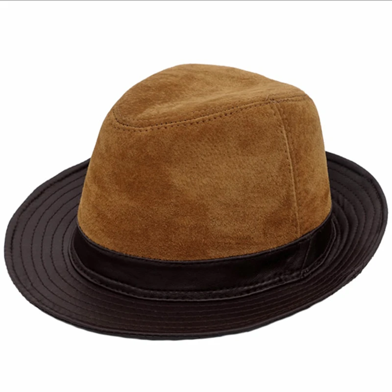 

New 2024 Man High Quality Genuine Leather Jazz Fedora Gentleman Sheep Skin Short Brim Black/Brown Top Hat Male Shows Topper