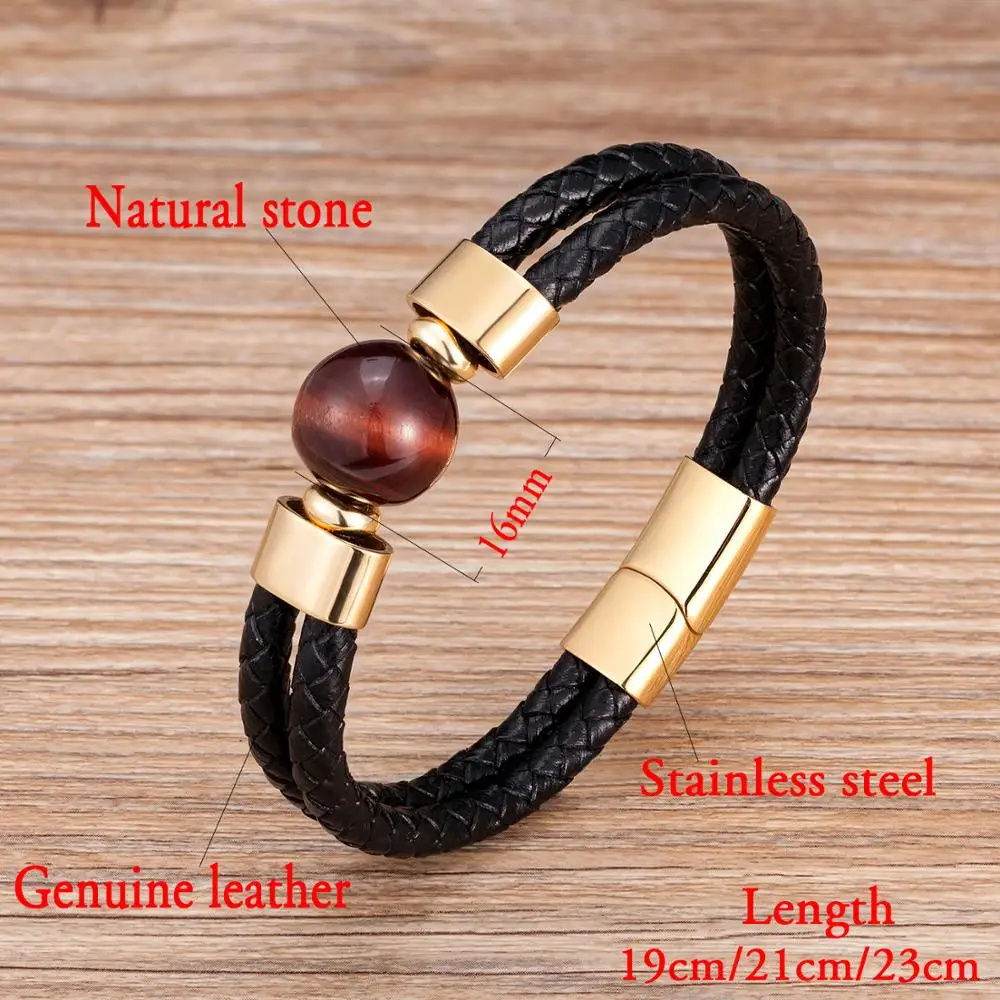 2020 Classic Double Genuine Leather Bracelet Natural Round Tiger Eye Stone Men Bracelets Stainless Steel Magnetic Mens Jewelry