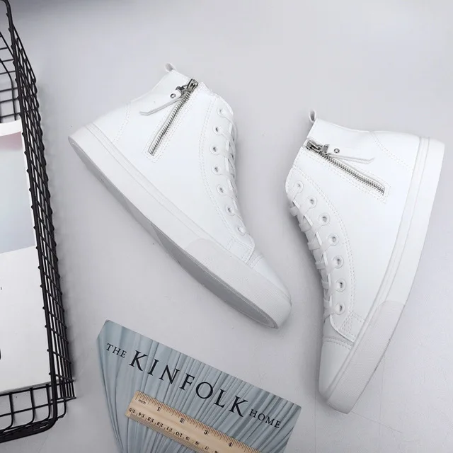 Men Sneakers  New Autumn Leather Men Casual Shoes White Zippers Men Fashion Shoes High top Flats  Zapatos de hombre