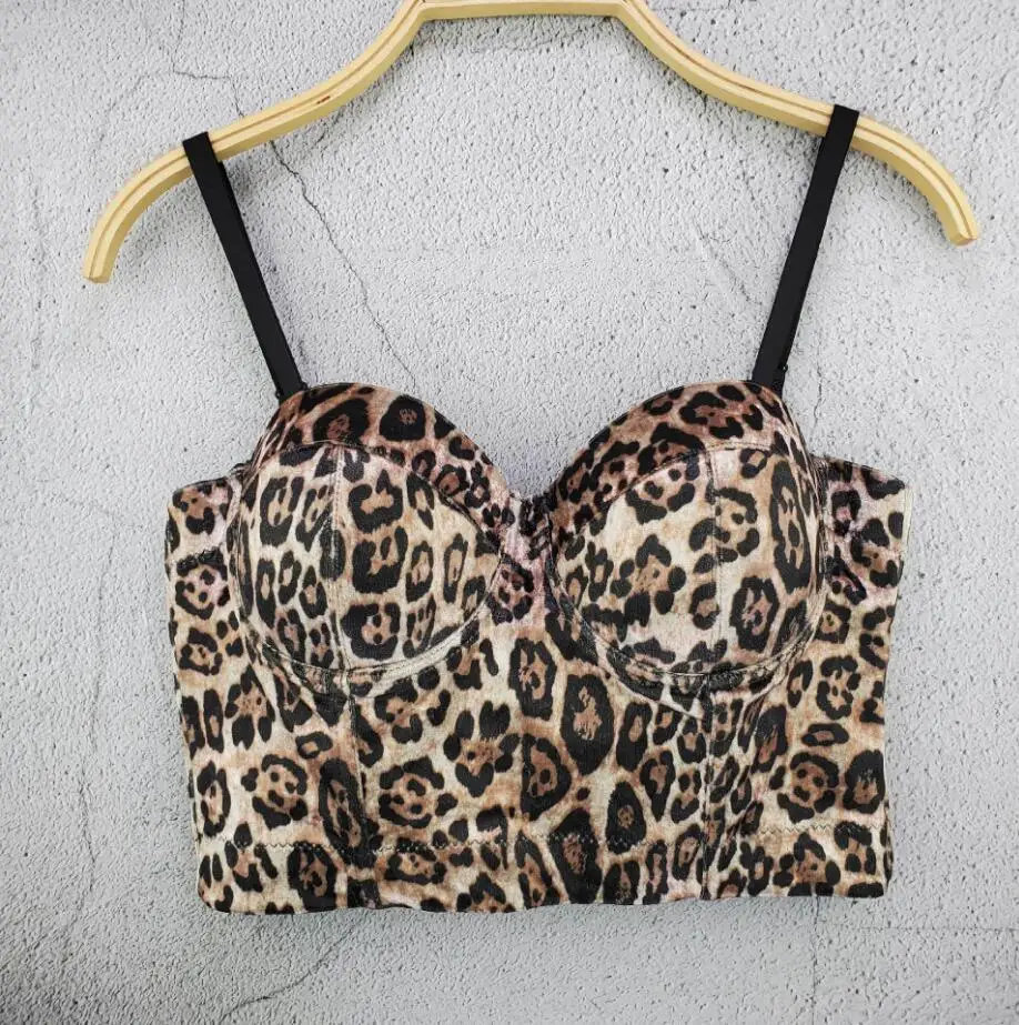 Women Sexy Leopard Print Velvet Short Bustier Crop Tops Outside Wearing Sleeveless High Waist Corset Camis q837