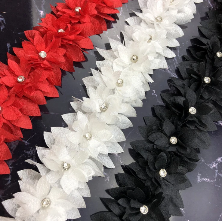 1 yard Colorful Pearl Diamond 3D Flower Embroidered Lace Trim Ribbon Fabric Sewing Craft For Costume Wedding Dress Decoration