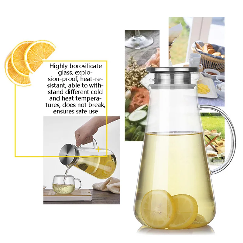 Jarra de agua de vidrio resistente al calor para el hogar con tapa de acero inoxidable con pico de pato, olla de jugo casera de gran capacidad con mango, nueva