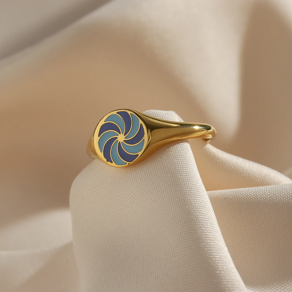 

Tranish Free Stainless Steel Enamel Green Blue Pink Sweet Colorful Lollipop Ring Women's 18K Gold Plated Windmill Pattern Ring