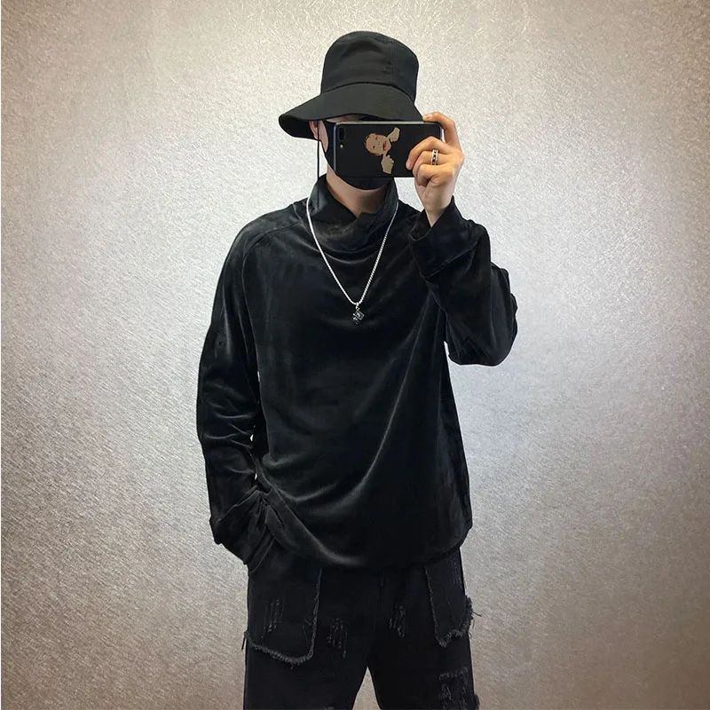 Men's New Velvet Warm Turtleneck Popular Loose Large Size Standing Collar Solid Color All-Match Base T-Shirt