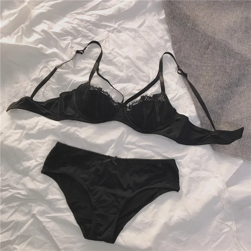 Eyelashes lace bra and brief ultra-thin cup with steel ring sexy  bralette straps seductive beauty back push up lingerie suit