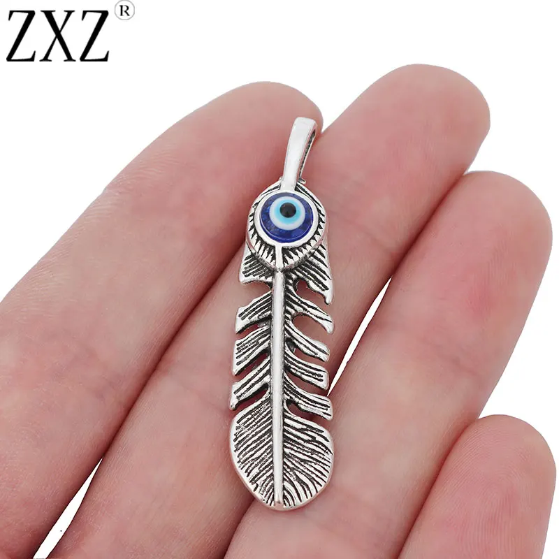 

ZXZ 5pcs Tibetan Silver Feather Blue Turkish Eye Charms Pendants for Necklace Jewelry Making Findings 48x12mm