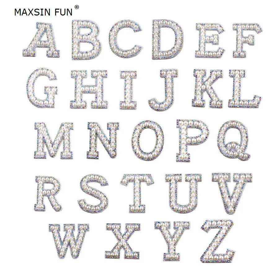 

MAXSIN FUN 1 PC A-Z Pearl Rhinestone English Letter Patches Iron On Stickes Applique 3D Handmade Beaded DIY Cute Stickers