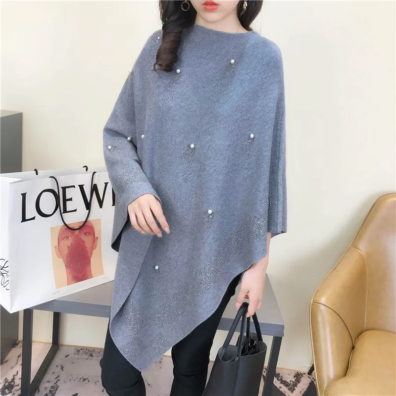 Wholesale Crochet Women Sweater Tassel Scarf Shawl Pearl Embroidery Knit Cashmere Pullover Capes Wool Pashmina Poncho Cloaks