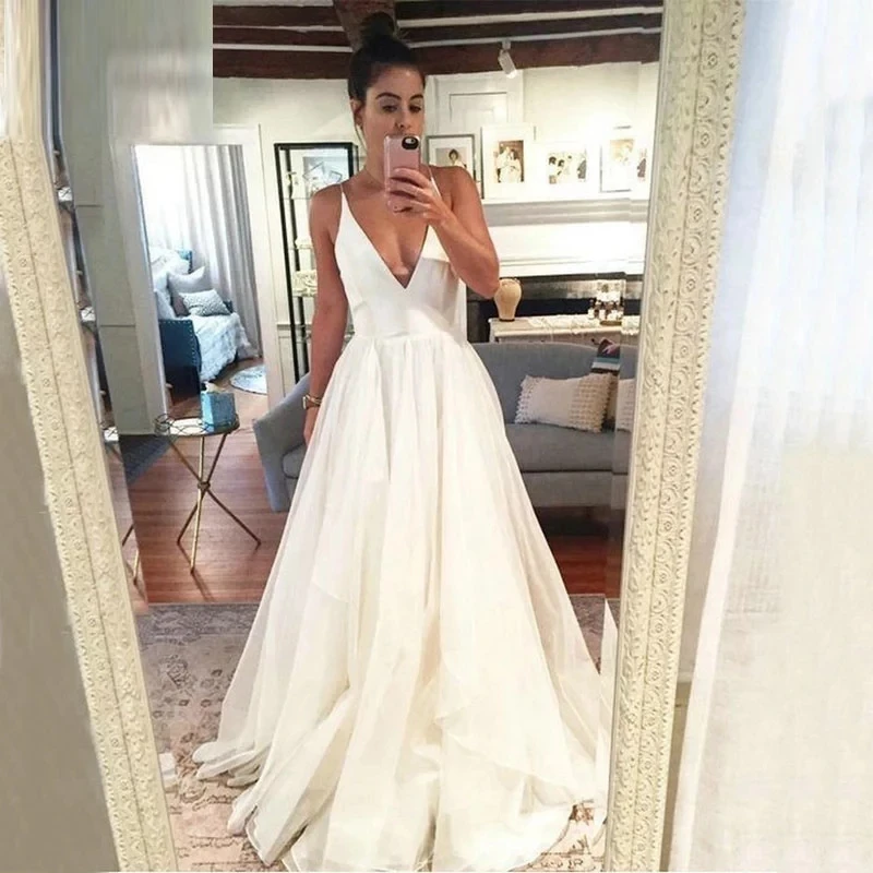 Weiyin AE0747   Boho Beach Robe De Mariée Bride To Be Elegant Wedding Dress V-neck Long Bride Gown Vestido De Novia