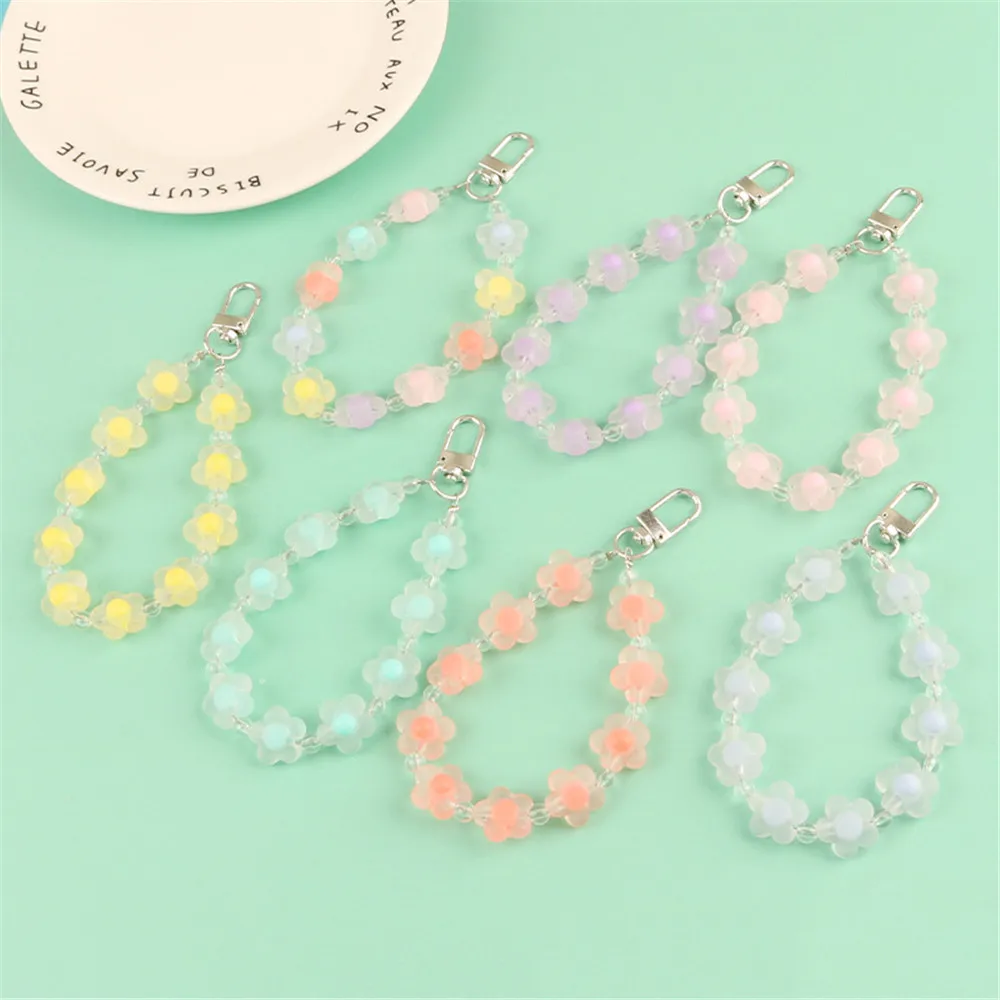 Cute Candy Color Flower Beads Lanyards KeyChains for Women Keyring Car Keychain Bag Backpack Decor Case Pendent Graduate Gifts