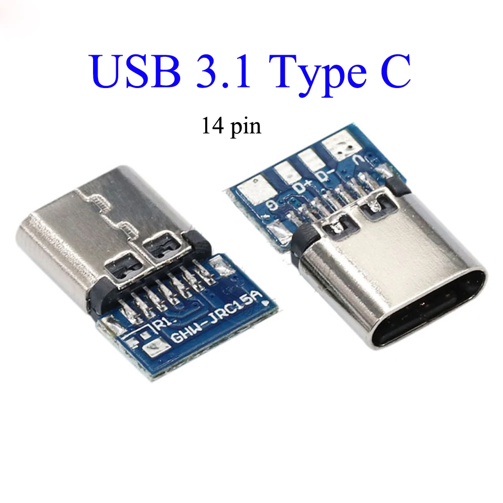 YuXi USB 3.1 Type C Connector 14 Pin Female Socket receptacle Through Holes PCB 180 Vertical Shield USB-C