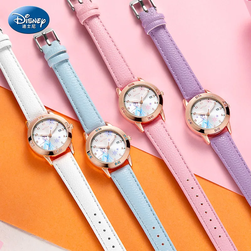 Disney Frozen Elsa Sofia Prinses Kinderen Meisje Horloges Student Horloges Pu Waterdicht Kalender Lichtgevende Japan Quartz Klokken