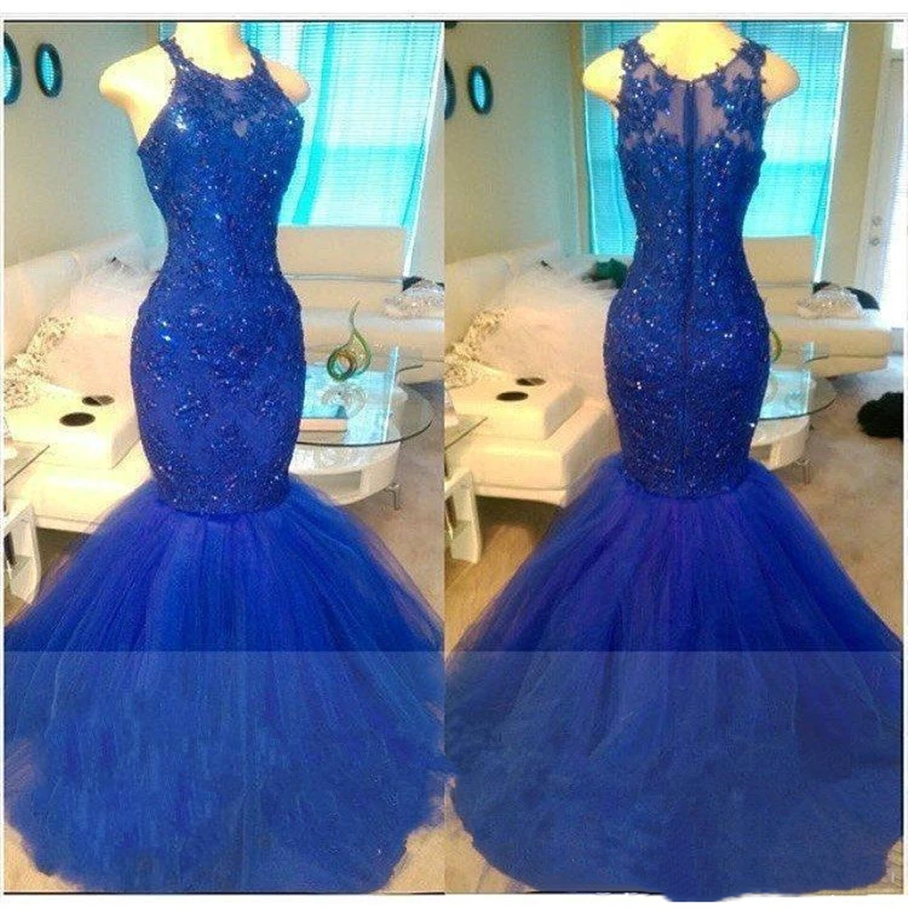 Royal Blue Mermaid ชุดราตรีลูกไม้ Applique ลูกปัดอัญมณีคอยาวซิปอย่างเป็นทางการชุดราตรียาว Dresses Party Gowns