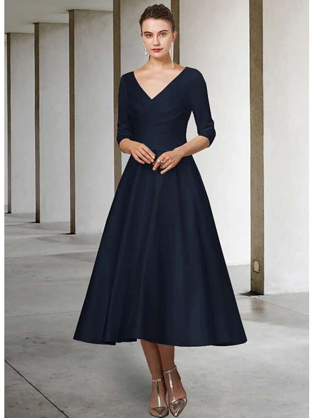 Simple Mother of the Bride Dress Plus Size V Neck Tea Length Satin Half Sleeve Pleats Bridal Party Gown Vestidos Longo