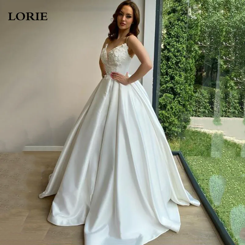 

LORIE Spaghetti Straps Princess Wedding Dress Satin A Line 3D Lace Bride Dresses Ball Gown Lace Up Back Wedding Party Gowns 2021