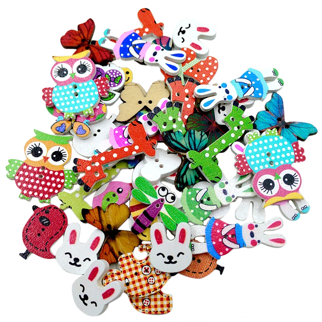 Pack of 50 Colorful Assorted Animals Wooden Decorative Buttons 2-holes Cardmaking Buttons for Sewing Crafts Doll DIY Supplies