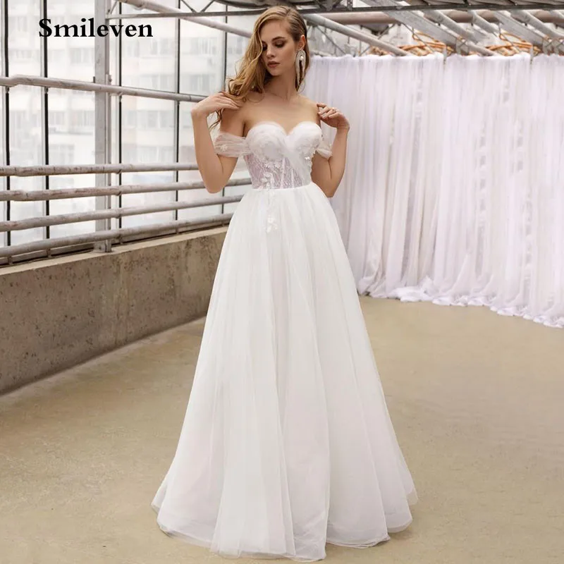 

Smileven A Line Tulle Mermaid Wedding Dress Off The Shoulder Appliqued Lace Bridal Gowns Floor Length vestido de noiva 2021