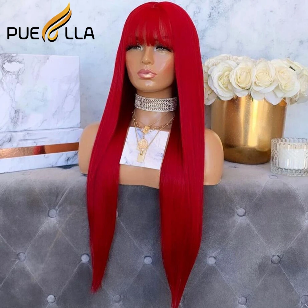 Wig rambut manusia renda depan merah 13x4 dengan poni rambut manusia renda lurus Brasil untuk wanita 13x6 Wig depan renda rambut manusia