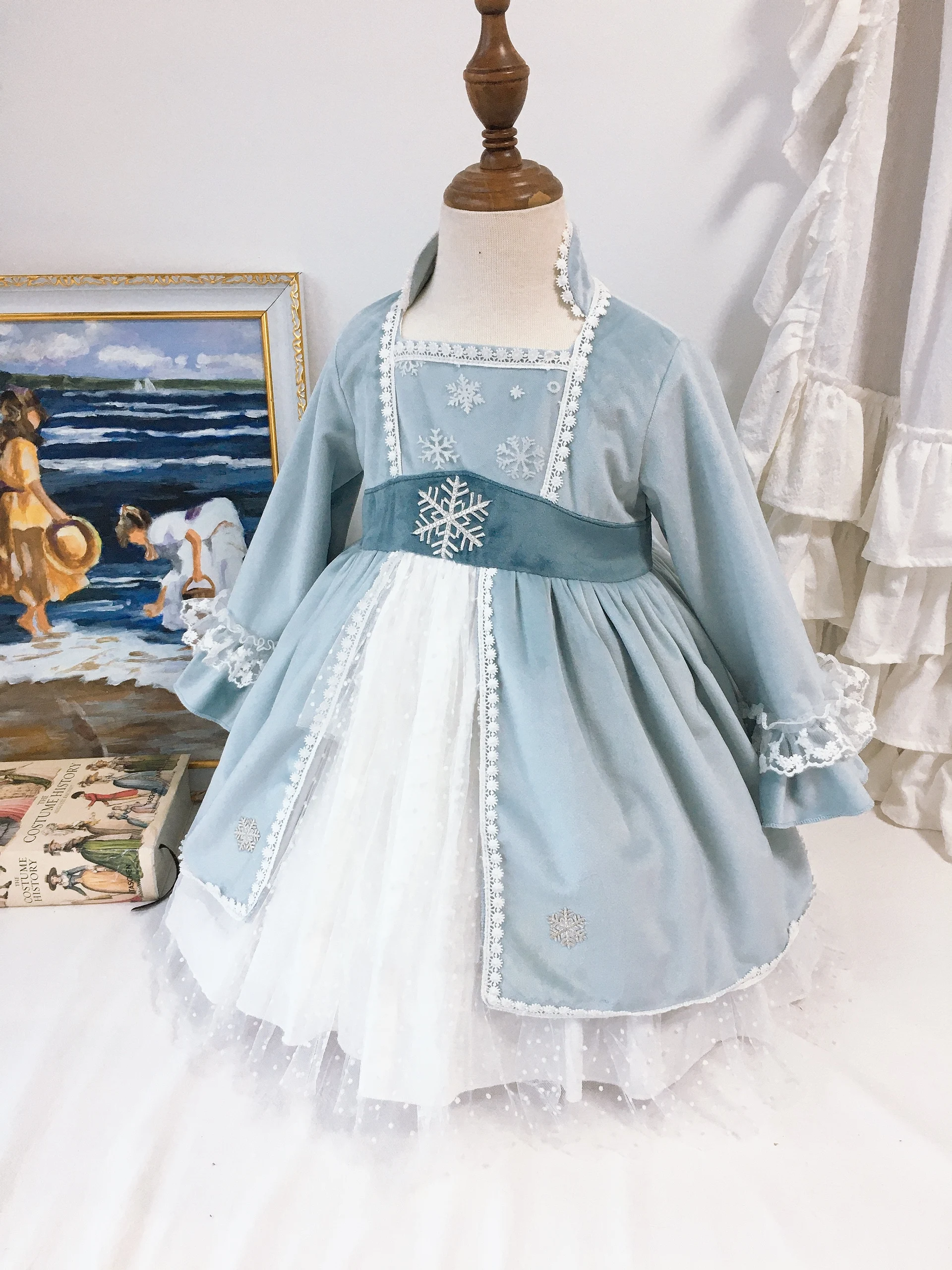 Baby Girl Autumn Winter Light Blue Snow Velvet Long Sleeve Lolita Princess Ball Gown Dress for Girl Casual