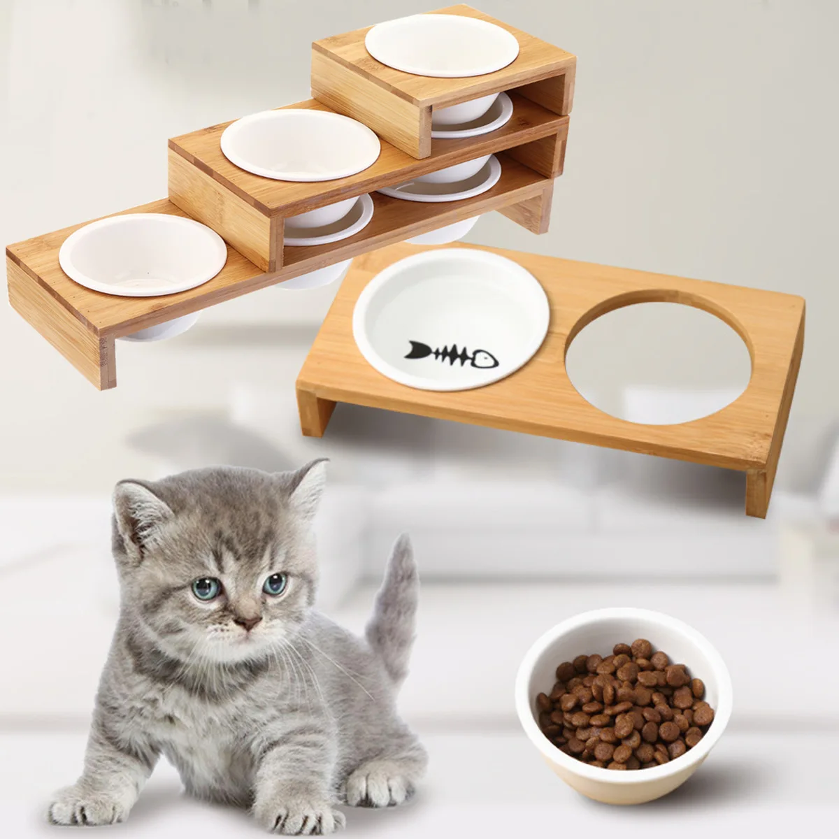 Cat Dog Feeders Bowl Ceramic Tableware 3 Bowls Pet Food Water Bowl Bamboo Frame Antiskid Pet Supplies Dog Cat Feeding Bowl