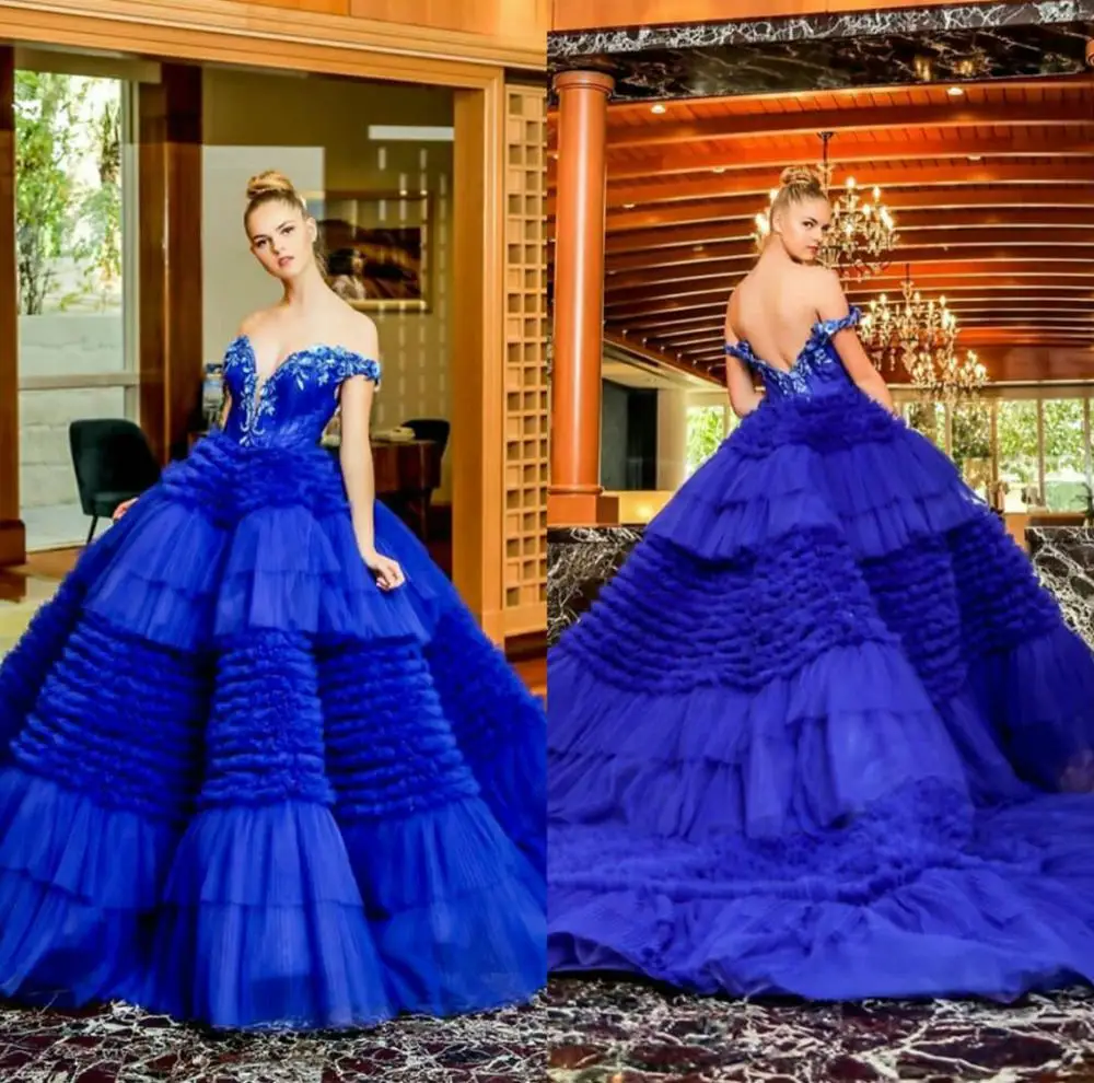 Royal Blue Puffy Baljurk Prom Jurken Sexy Off Schouder 3D Bloem Kant Applicaties Prom Dress Illusion Tulle Vestidos De gewaad