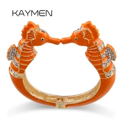New Statement Enamel Colourful Bangle Cuff Bracelets for Women Gold Plated Inlaid Rhinestones Sea Horse Bracelet Pulseira