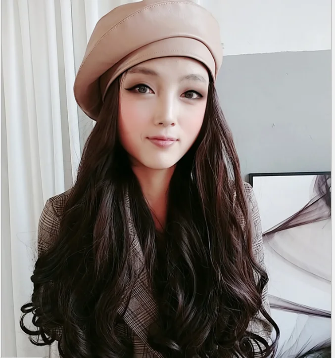 Baret Dames Lente Herfst Pruik Hoed Afneembaar Grote golf Lang haar Wolvol Geïntegreerd Grote hoofdomtrek Kaki Bruin