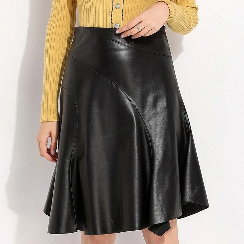 Length Knee Womens Genuine Leather Midi Skirt Irregular High Waist Ruffles Zipper Umbrella Skirt Sheepskin Fashion A-Line Skirt