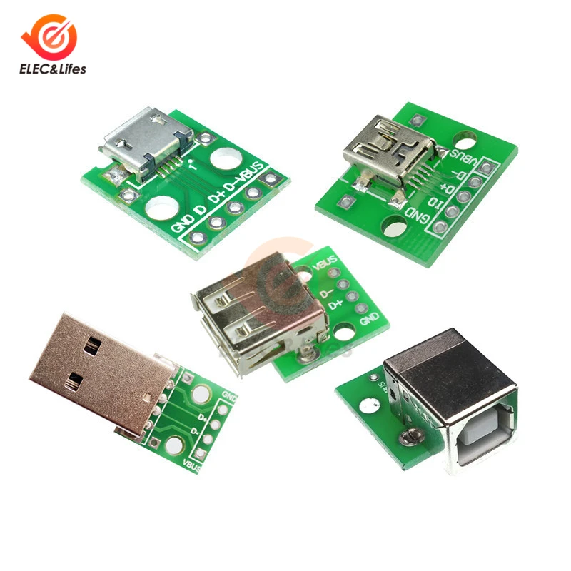 5Pcs/lot Micro Mini USB A Male USB 2.0 A Female USB B Connector Interface to 2.54mm DIP PCB Converter Adapter Breakout Board