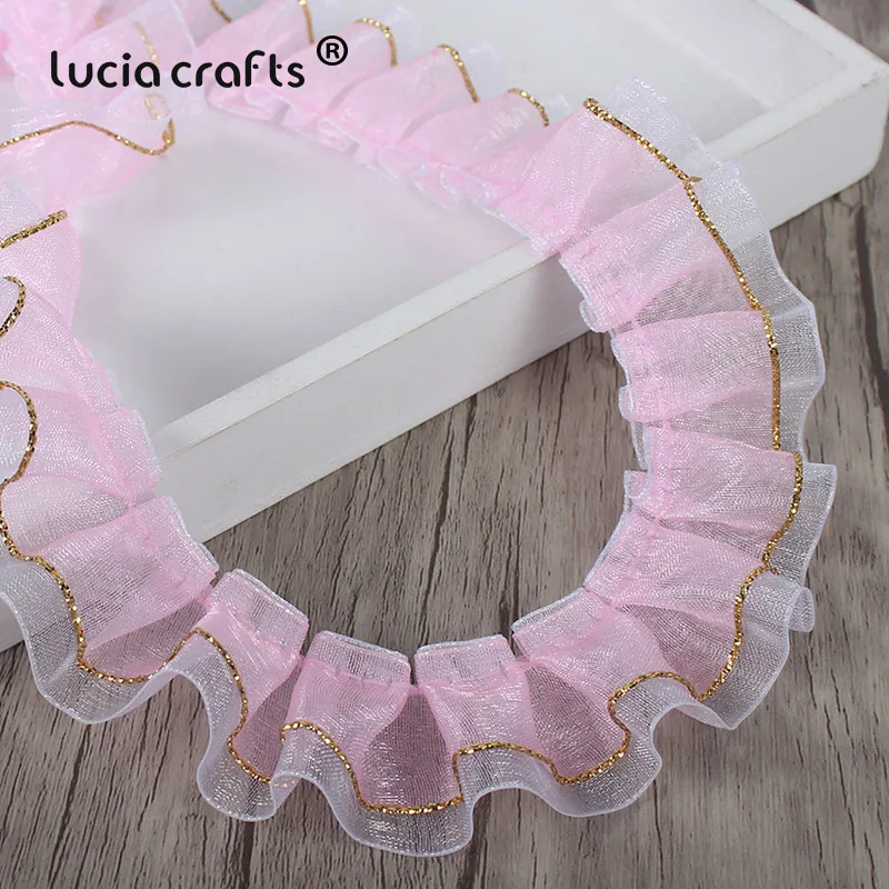Lucia Crafts 5Yards 25mm Chiffon DIY Sewing Garment Dress Lace Trim Pleated Ribbon For Wedding Accessories X0406