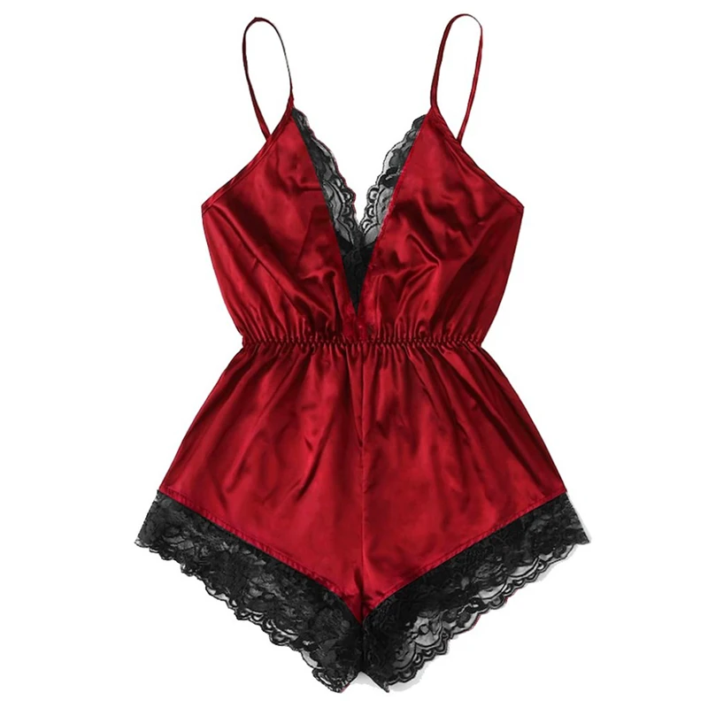 Sexy Women Eyelash Lace Stain Silk Pajamas Bodysuit Jumpsuit Home Clothes Night Wear Lingerie Underwear Onesie Sleepwear Red