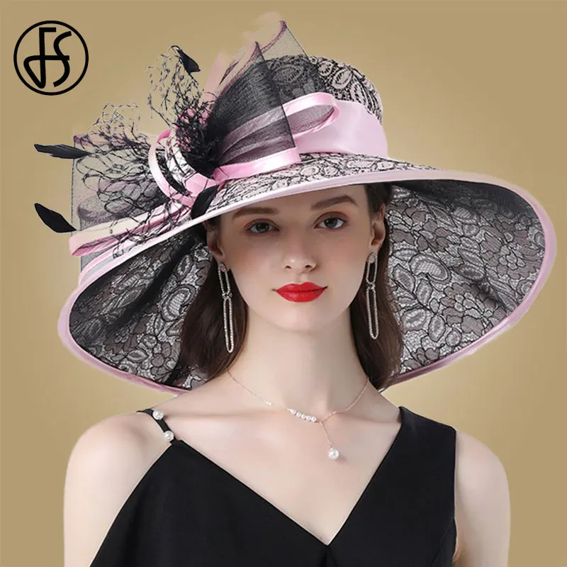FS różowe kapelusze z szerokim rondem Kentucky Derby kapelusz dla kobiet elegancki kościół Purpe kapelusze wielkie pióro Fedora panie herbata ślubna Party Fedora