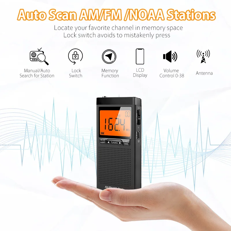 Portable Weather Radio FM AM NOAA Emergency Pocket Radio With Weather Warning Alarm Clock Auto-Search Channels Mini Hand Radio