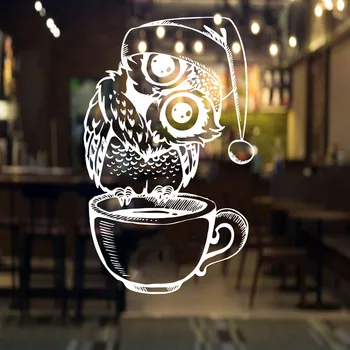 Large Owl Coffee Cafe Wall Sticker Kitchen  Cake Coffee Cafe Tea Shop Animal Wall Decal Vinyl  Home Decor