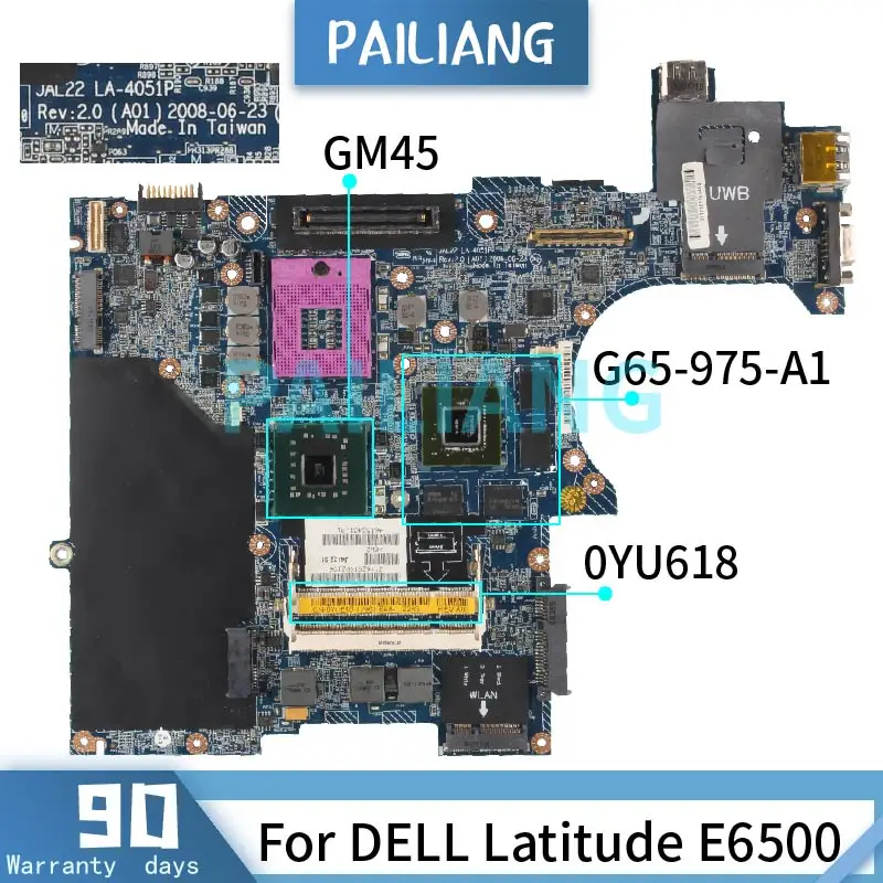 

PAILIANG Laptop motherboard For DELL Latitude E6500 Mainboard CN-0YU618 LA-4051P GM45 G65-975-A1 DDR2 tesed DDR3