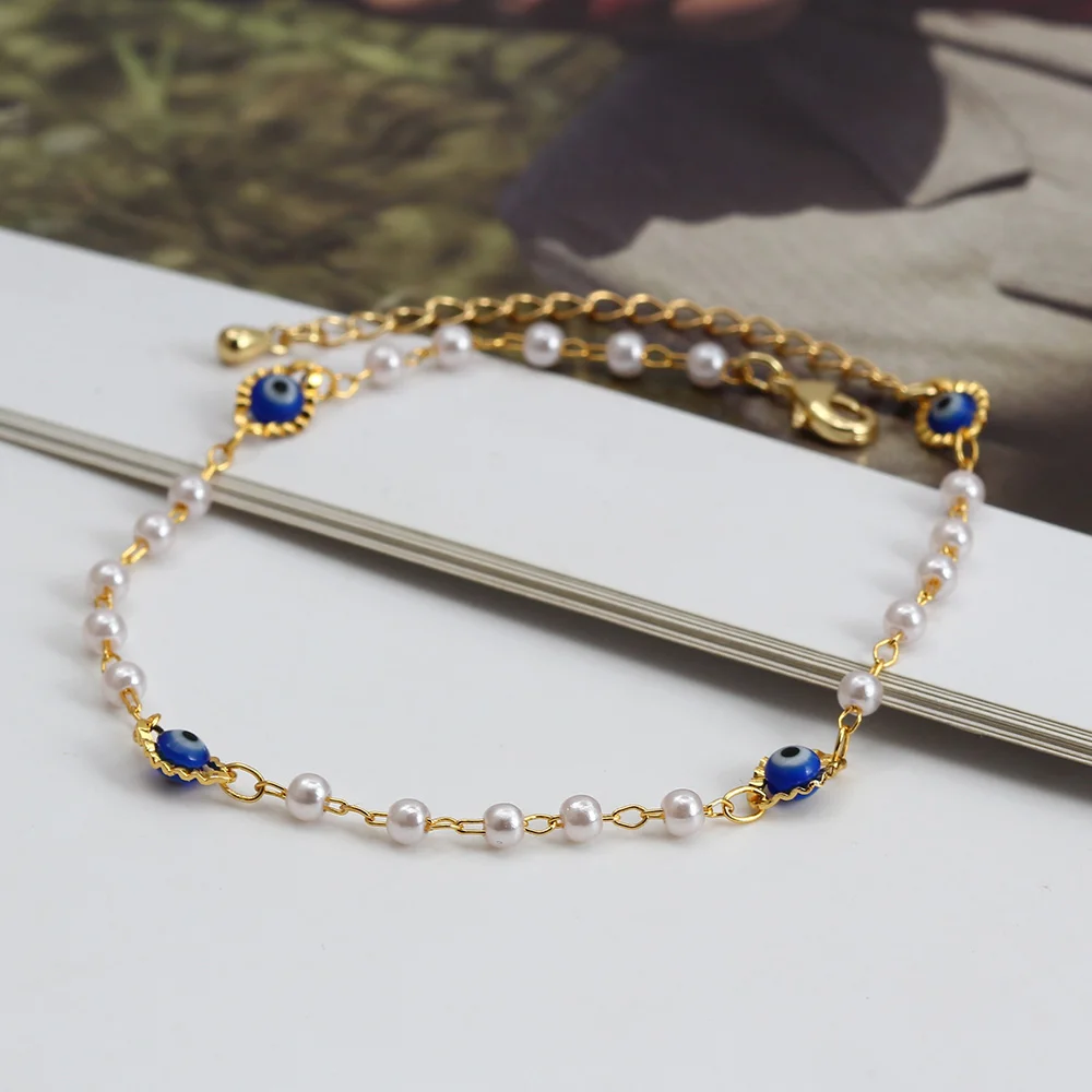 Lucky Eye Adjustable Simulated Pearl Beaded Bracelet Blue Turkish Evil Eye Charm Bracelet for Women Girls Fashion Jewelry BE462