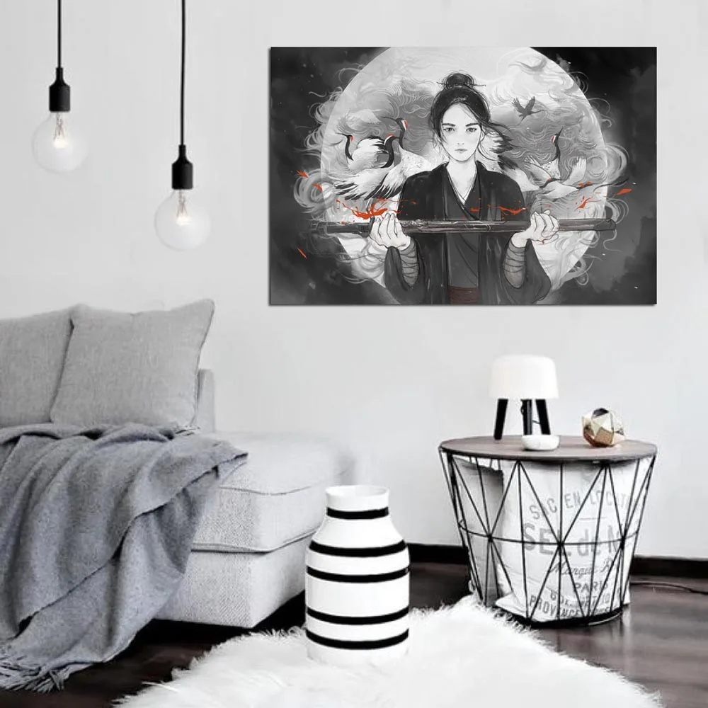 Wall Art Print and Poster Canvas Painting Home Decor Decorative Pictures Japanese Samurai and Red-crowned Crane