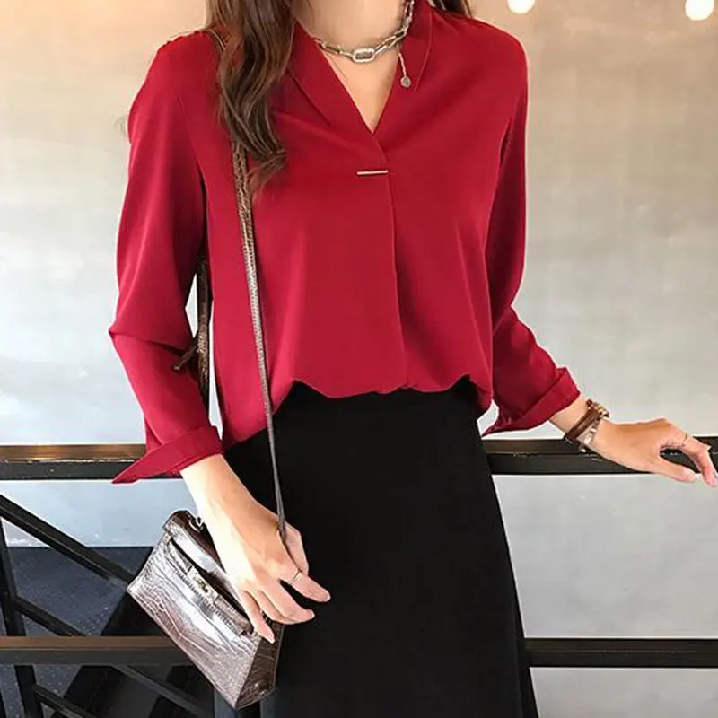 S-4XL Autumn Fashion Women Elegant V-neck Chiffon Blouse Office Lady Long Sleeve Work Shirts Female Streetwear Oversized  Tops