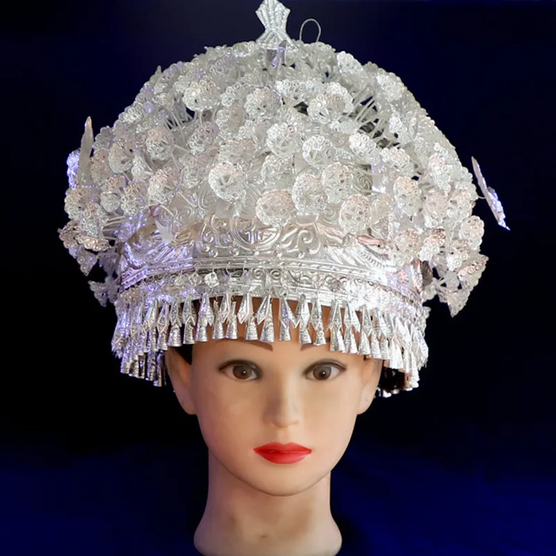 Beautiful Miao Silver Hat For Women Festival Party Performance Queen Cap Singer Model Traditional Hat Dressed Up Loudly