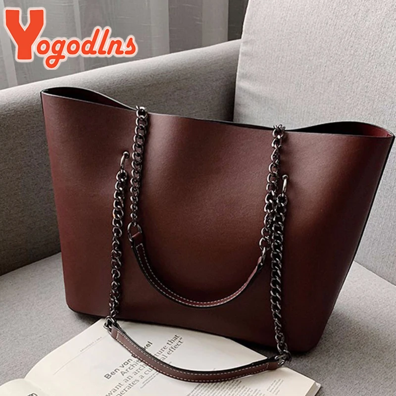 Yogodlns Luxury PU Leather Tote Bag For Women New Chains Shoulder Bag Large Capacity Handbag Travel Female Handle Bag bolso