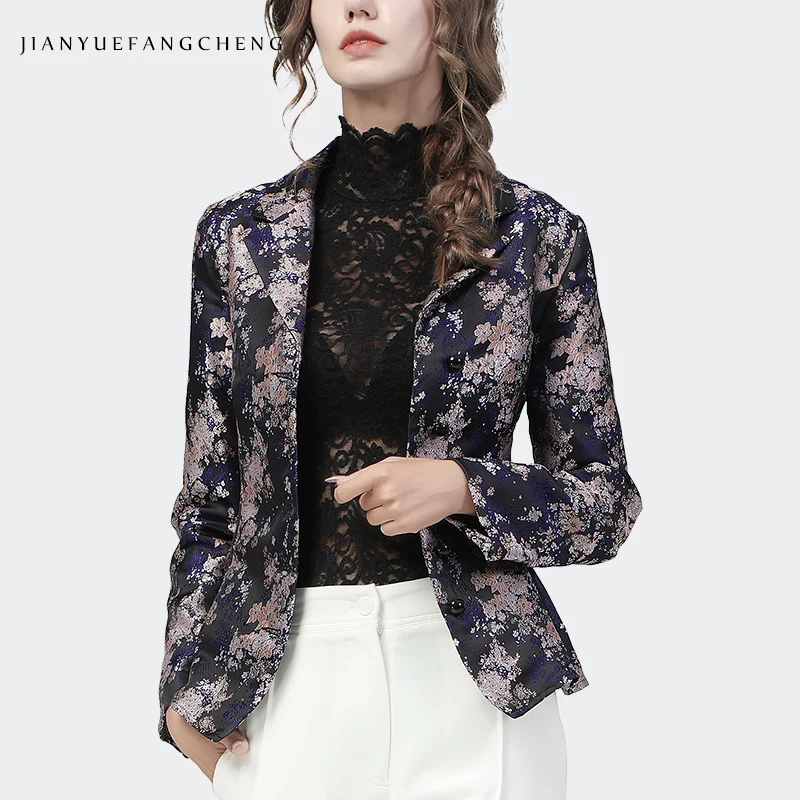 2021 Autumn Women Elegant Slim Vintage Jacquard Jacket Blazer Fashion Embroidered Long Sleeve Showy Flowers Ladies Office Blazer