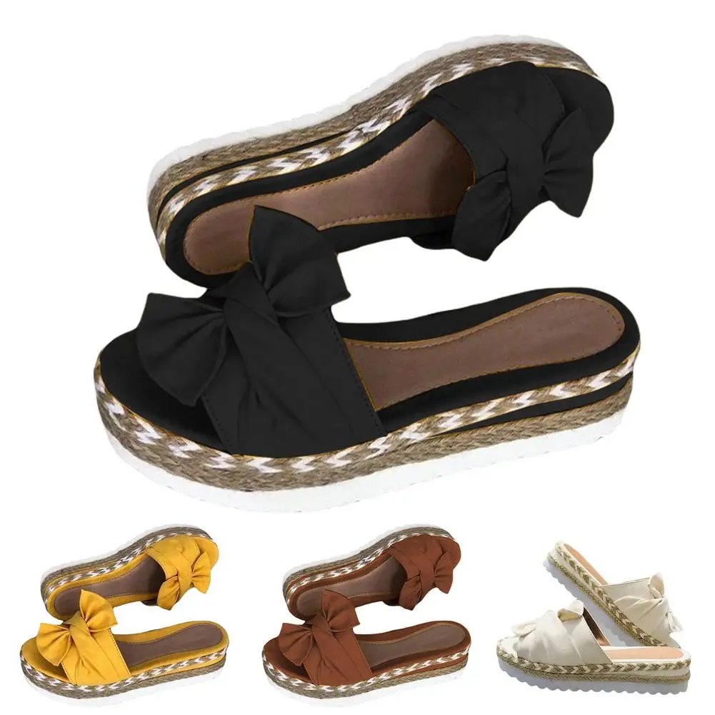 lady Thick-soled Slippers Weave sponge cake Slope heel shoes bow Relief decor Summer Beach open-toe sandals woman Slippers