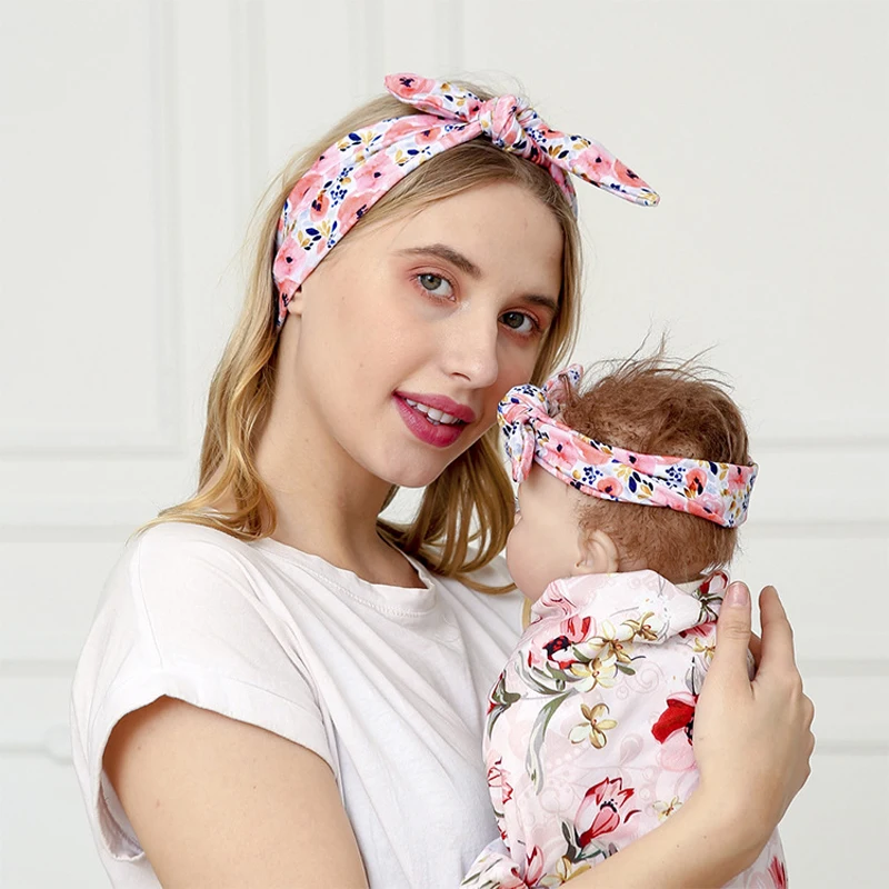 BalleenShiny 2PCS Mom And Child Headband Sets Printed Leopard Print Knotted Headband Polyester Cotton Soft Hair Accessories Gift