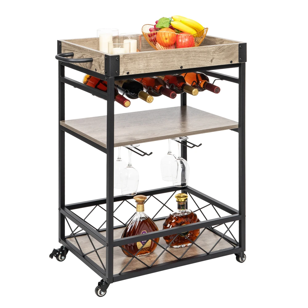 Bar Serving Cart Home Mobile Kitchen Storage Cart Industrial Vintage Style Wood Metal Trolley Hold 5 Wine Bottles&9 Wine Glasses