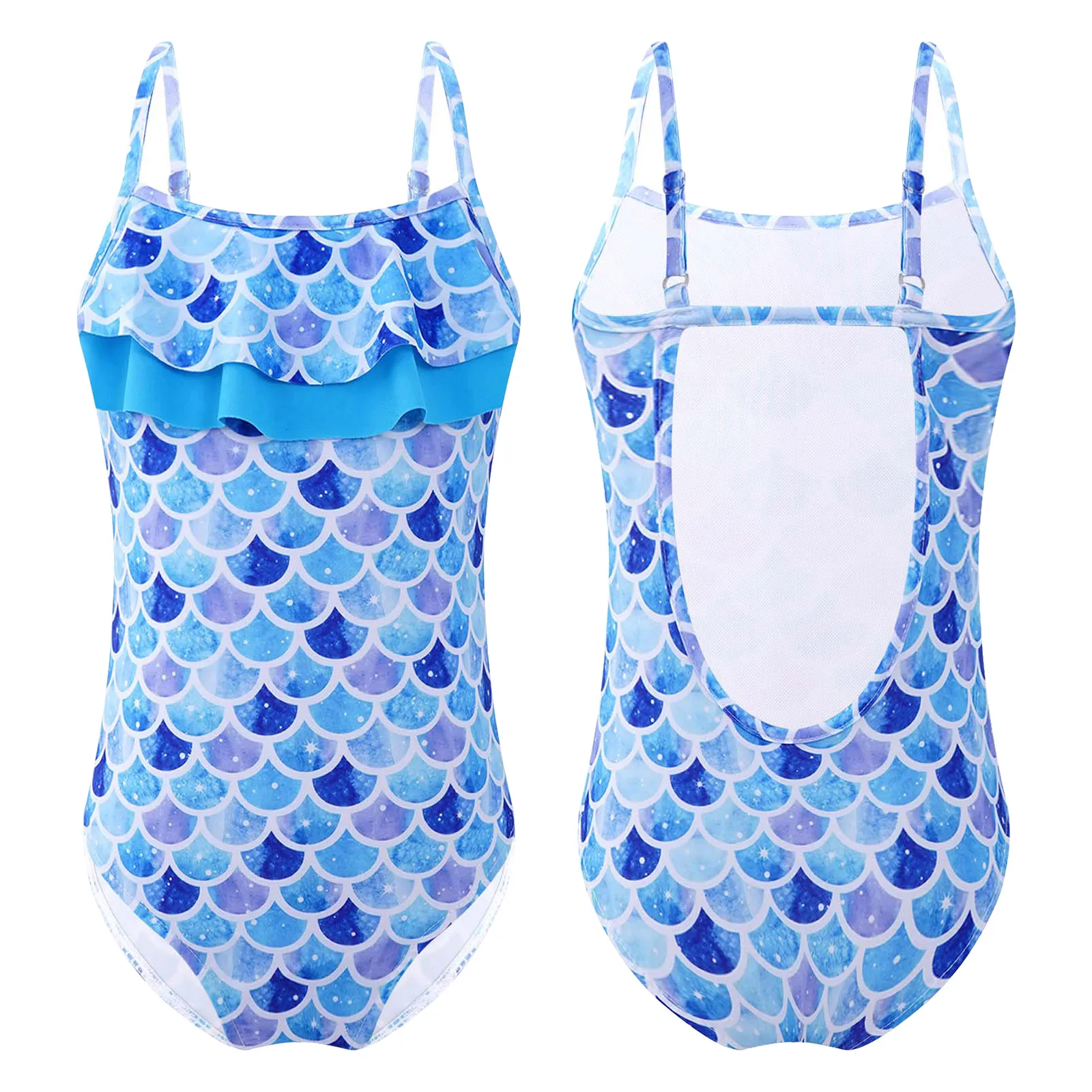 

Kids Girls Print Swimsuit One-piece Jumpsuit Swimwear Adjustable Straps Ruffle Hem Open Back Swimming Bathing Bodysuit Beachwear